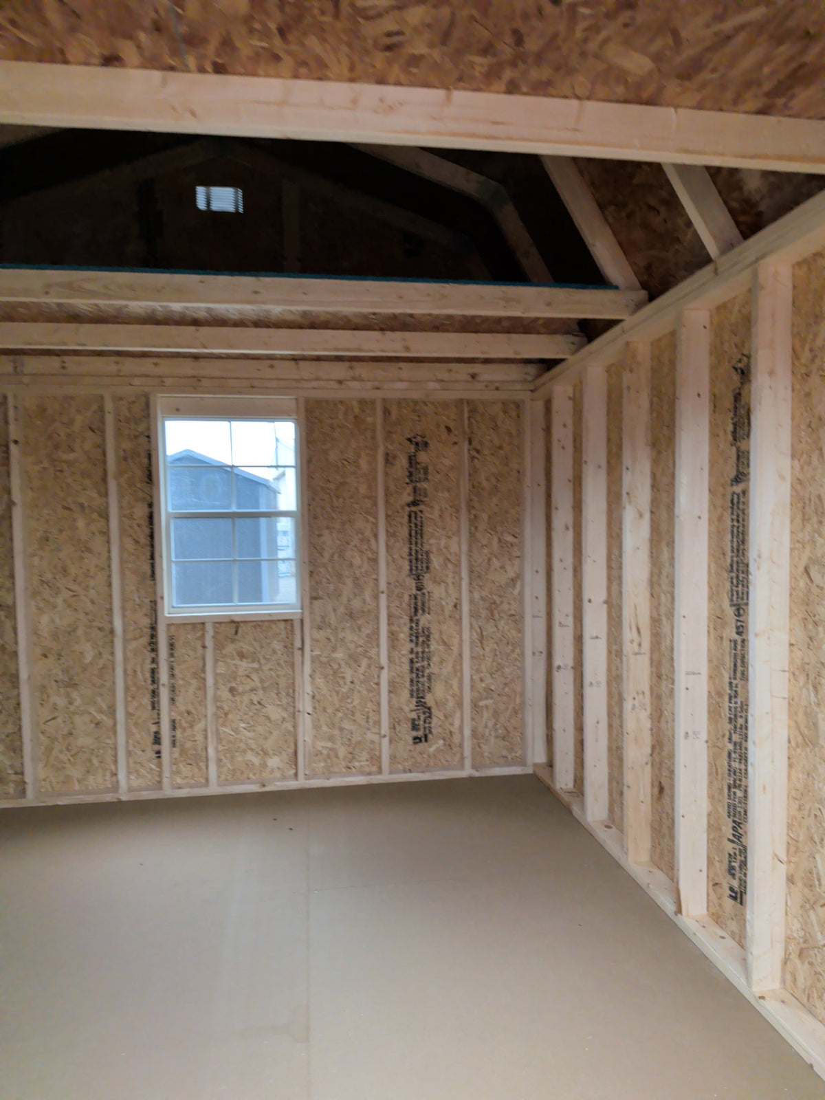 10x12 Lofted Barn in stock at Old Hickory Buildings of Erin (interior)