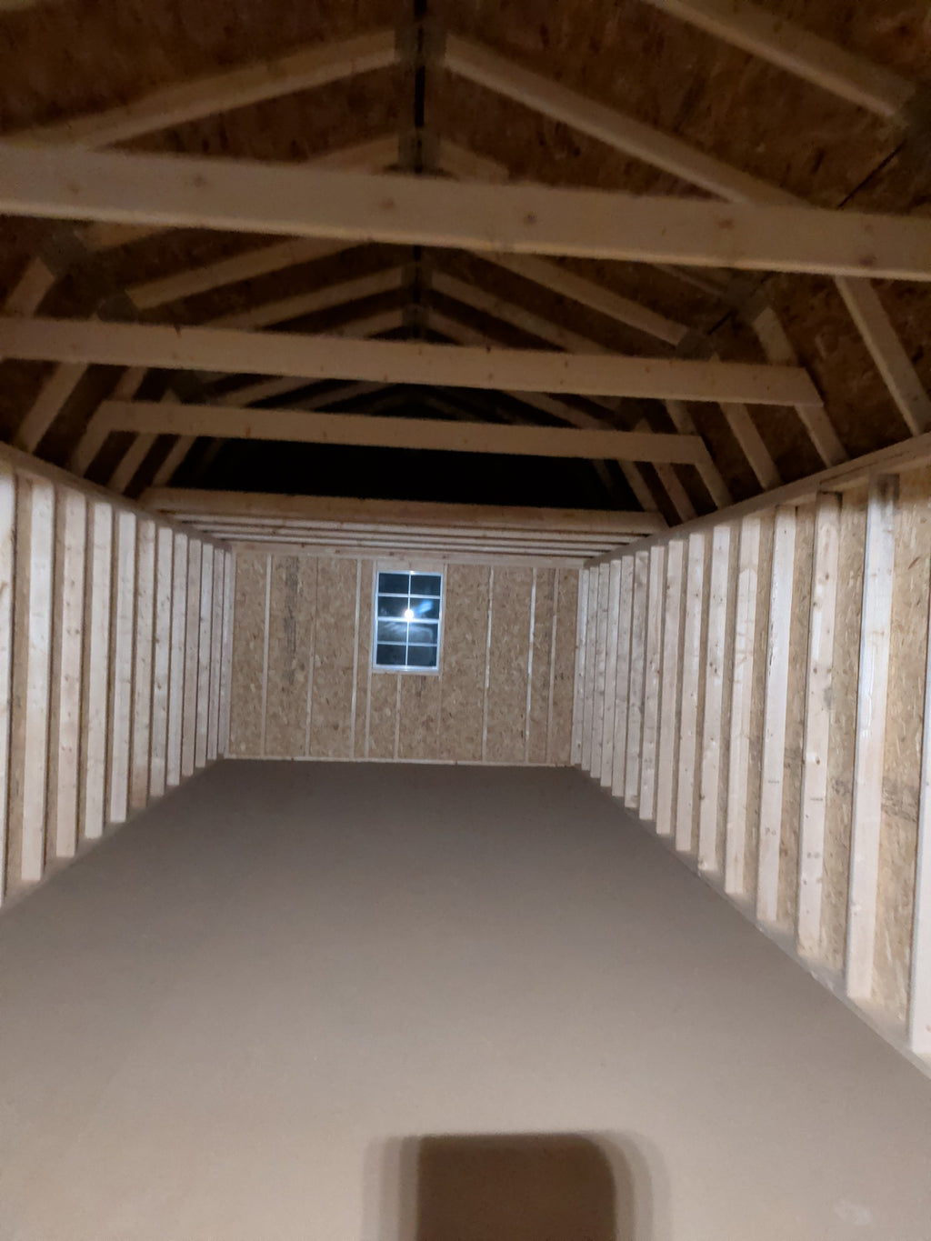 12x28 Lofted Barn Garage in stock at Old Hickory Buildings of Erin (interior)